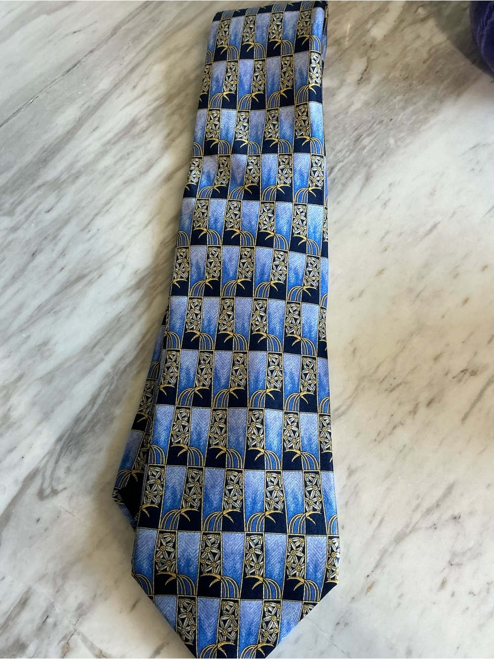 Lanvin Blue and Gold Art Deco Silk Tie